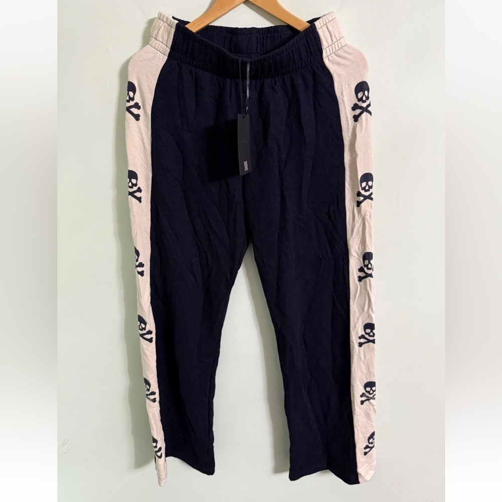 Lauren Moshi Black Track Pants with Cream Skull Side Stripes